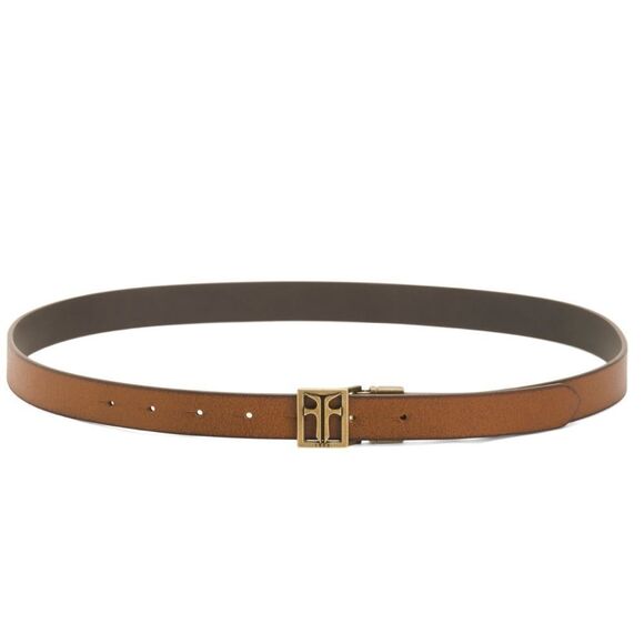 FRYE LβTan Brown Reversible Twist Gold Tone Hardware Pin Hole Leather Belt - Picture 1 of 8